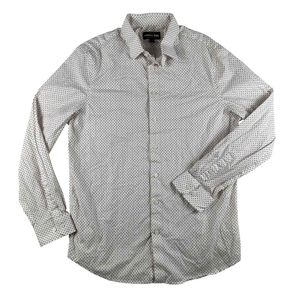 Express 1MX Dress Shirt Mens 15-15.5 White Geometric Extra Slim Long Sleeve